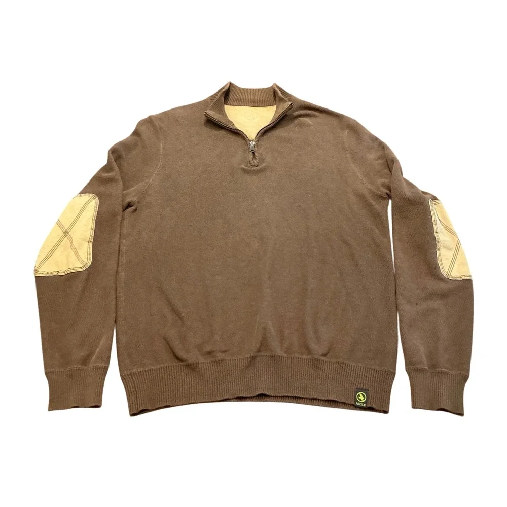 Aigle Mens Quarter Zip Pullover Sweater Brown Elbow Patch Long‎ Sleeve